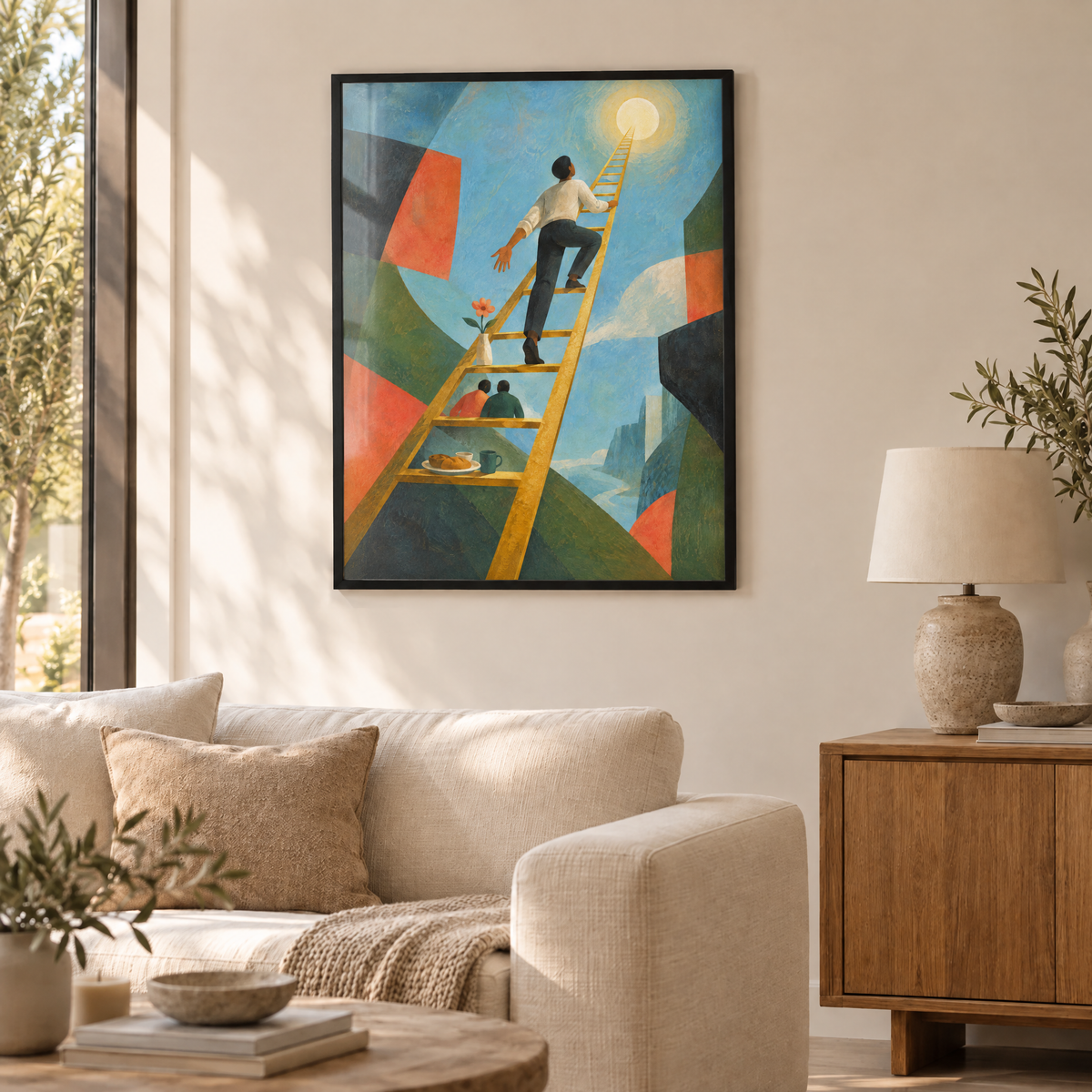 Die Leiter zum Jetzt – Poster im schwarzen Holzrahmen im Wohnzimmer, ohne Weißrand.