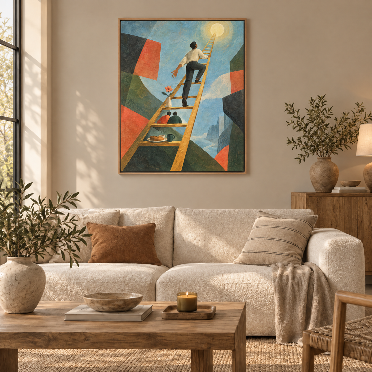 Die Leiter zum Jetzt – Leinwand im Naturholz-Schattenfugenrahmen im Wohnzimmer, ohne Weißrand.