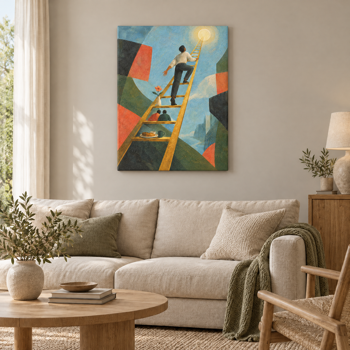 Die Leiter zum Jetzt – Rahmenlose Slim-Leinwand im Wohnzimmer, ohne Weißrand.