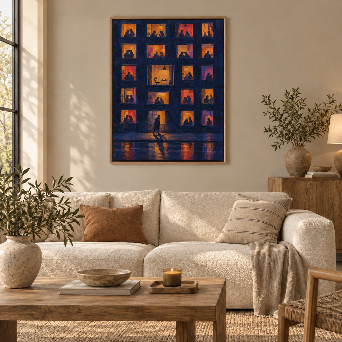 Das wartende Fenster – Leinwand im Naturholz-Schattenfugenrahmen im Wohnzimmer, ohne Weißrand.