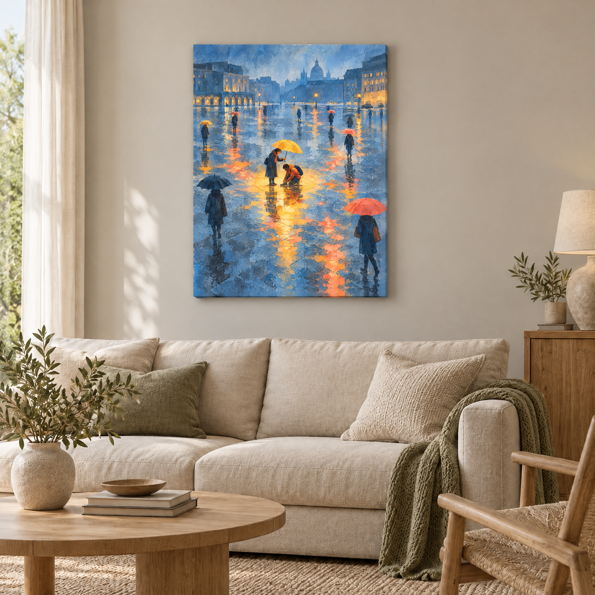 Die kleine Geste – Rahmenlose Slim-Leinwand im Wohnzimmer, ohne Weißrand.