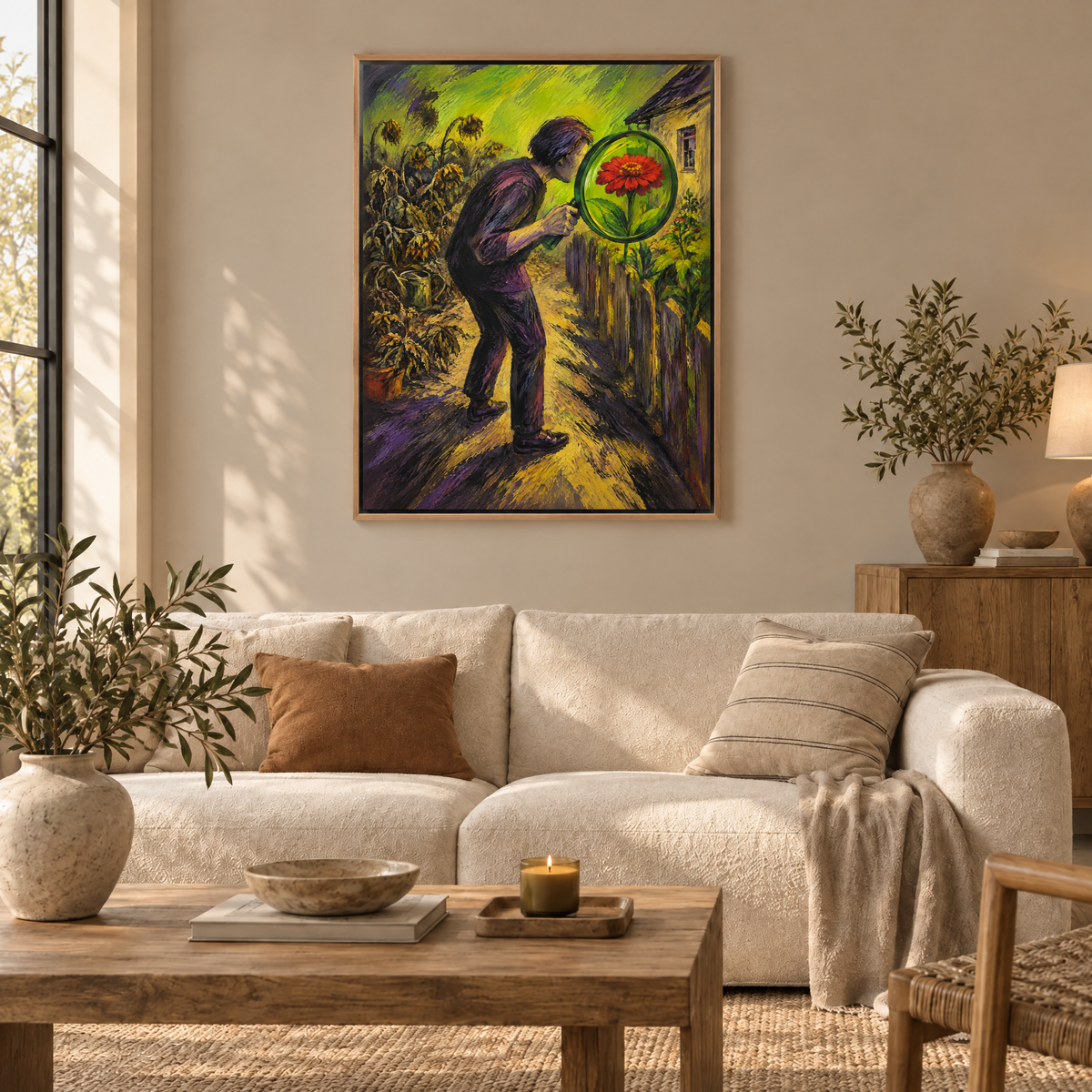 Das grüne Auge – Leinwand im Naturholz-Schattenfugenrahmen im Wohnzimmer, ohne Weißrand.