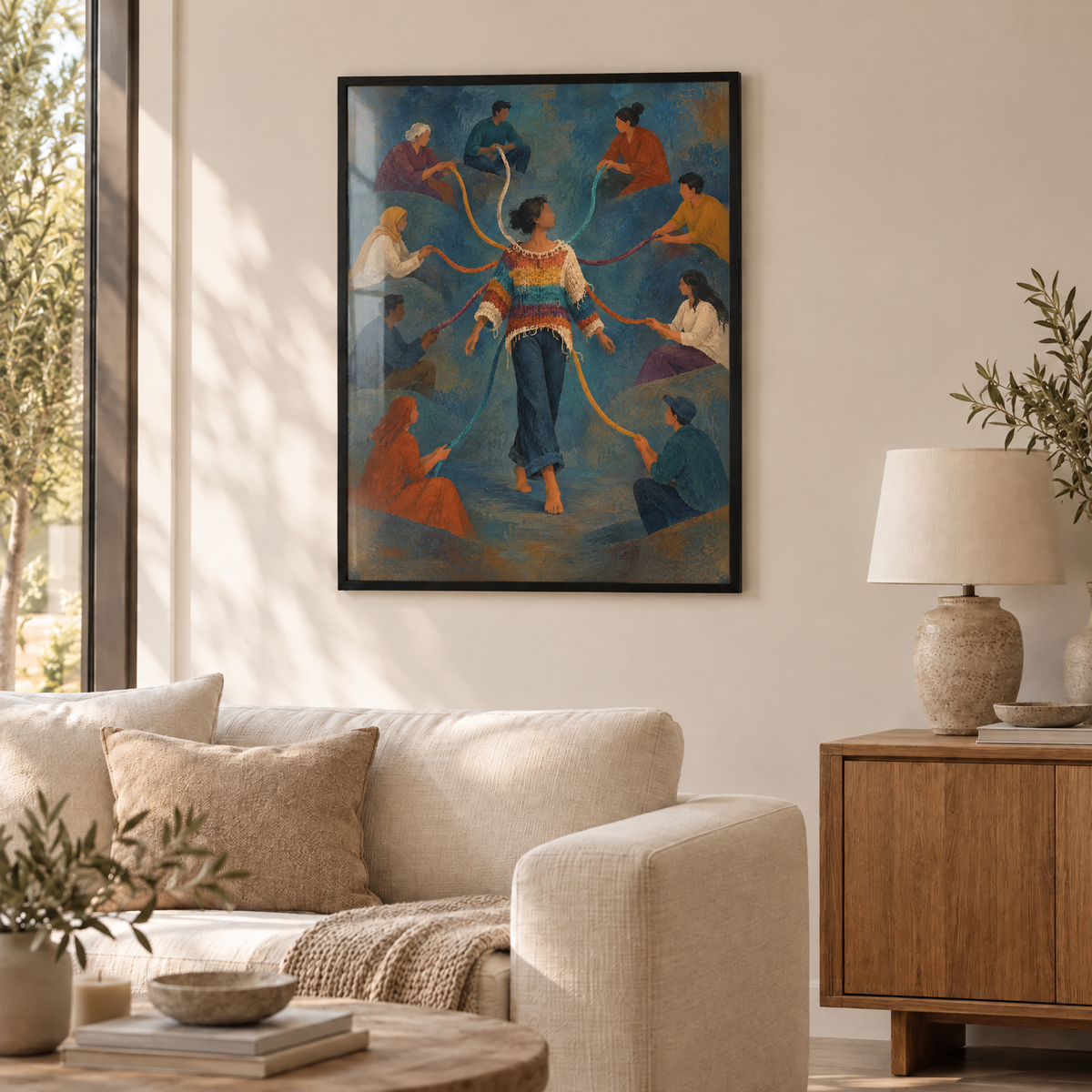 Der Pullover aus Stimmen – Poster im schwarzen Holzrahmen im Wohnzimmer, ohne Weißrand.