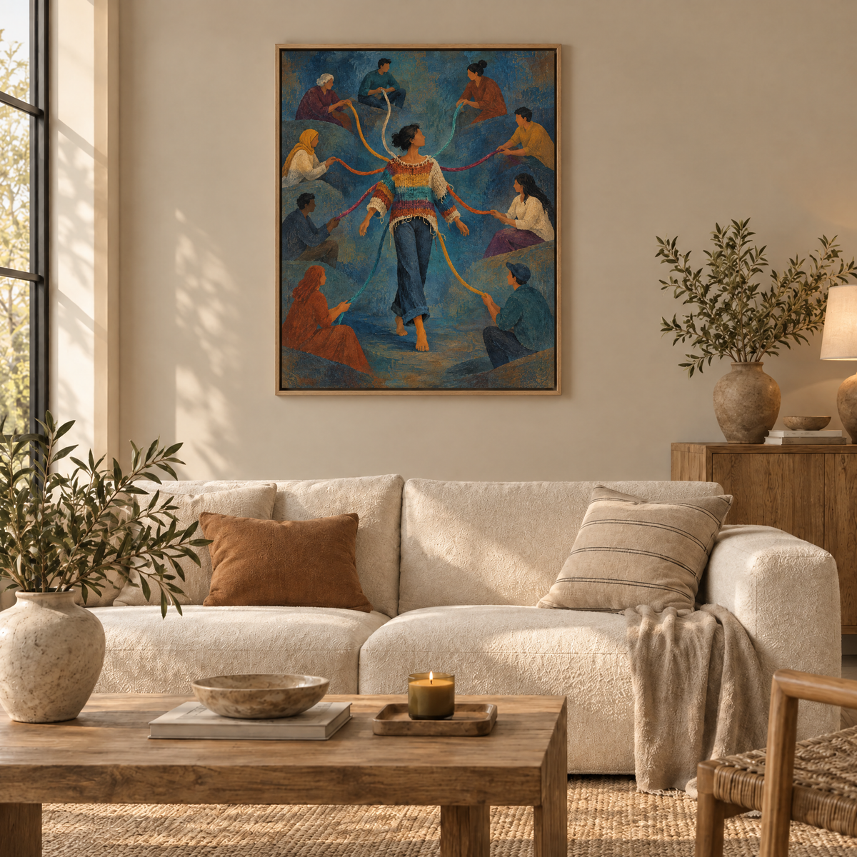 Der Pullover aus Stimmen – Leinwand im Naturholz-Schattenfugenrahmen im Wohnzimmer, ohne Weißrand.