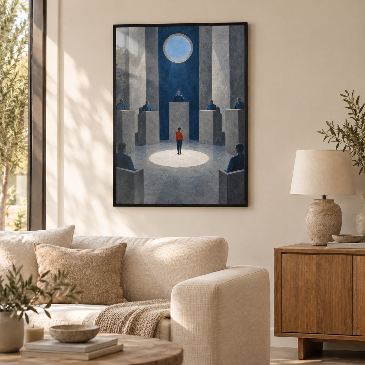 Der Platz für die Wahrheit – Poster im schwarzen Holzrahmen im Wohnzimmer, ohne Weißrand.