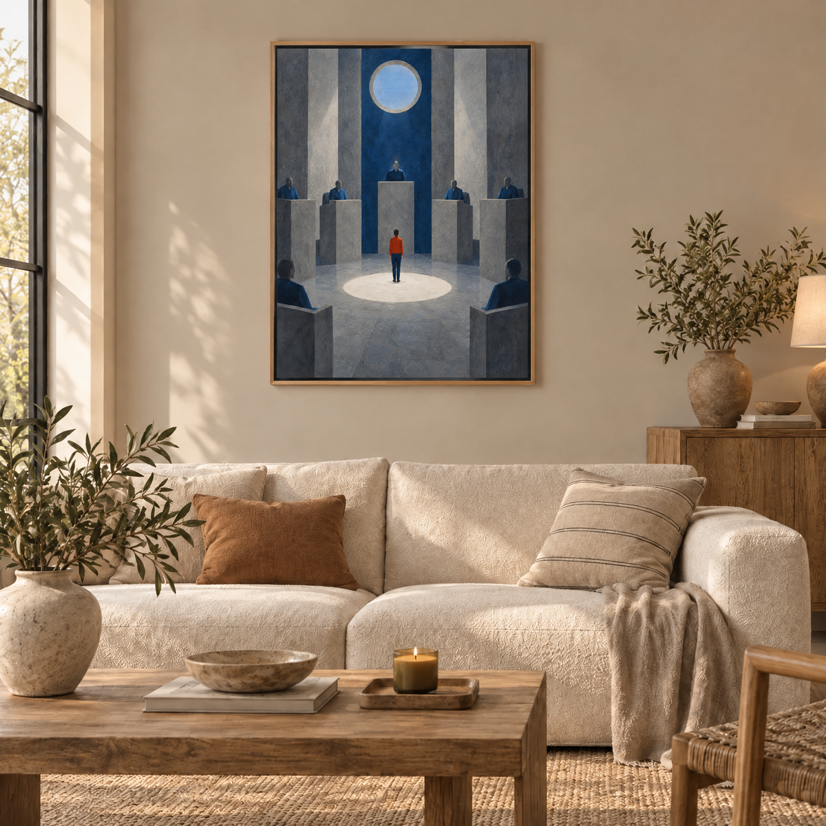 Der Platz für die Wahrheit – Leinwand im Naturholz-Schattenfugenrahmen im Wohnzimmer, ohne Weißrand.