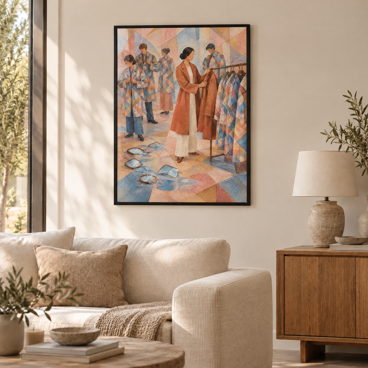Die eigene Farbe – Poster im schwarzen Holzrahmen im Wohnzimmer, ohne Weißrand.