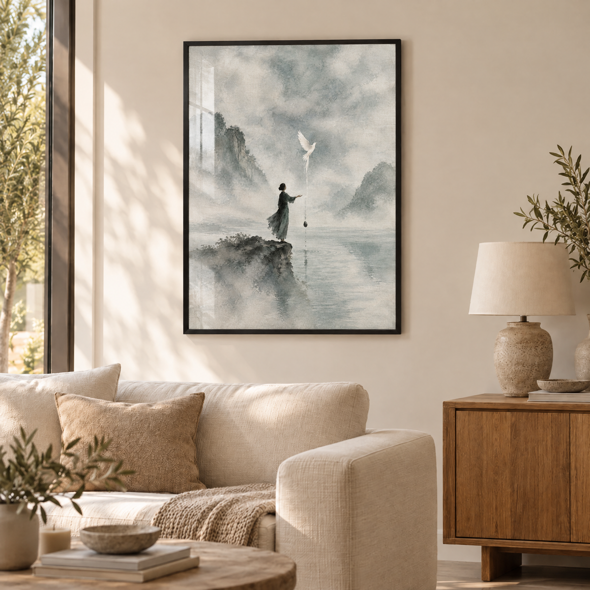 Die offene Hand – Poster im schwarzen Holzrahmen im Wohnzimmer, ohne Weißrand.