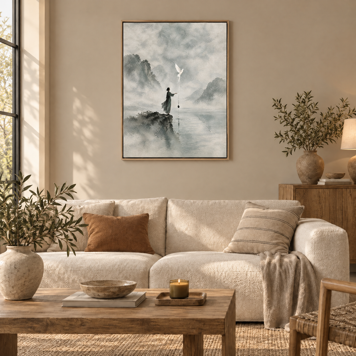 Die offene Hand – Leinwand im Naturholz-Schattenfugenrahmen im Wohnzimmer, ohne Weißrand.