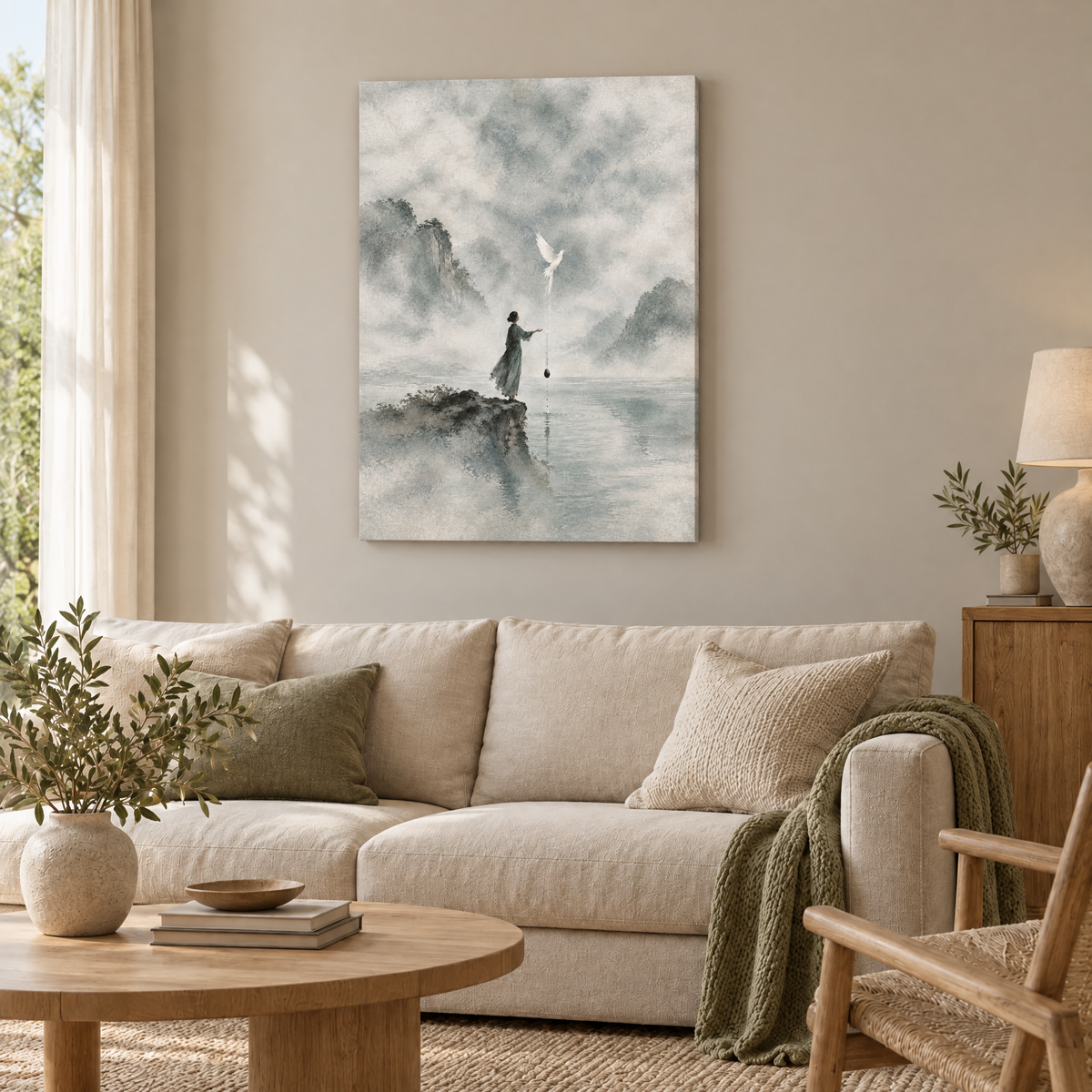 Die offene Hand – Rahmenlose Slim-Leinwand im Wohnzimmer, ohne Weißrand.