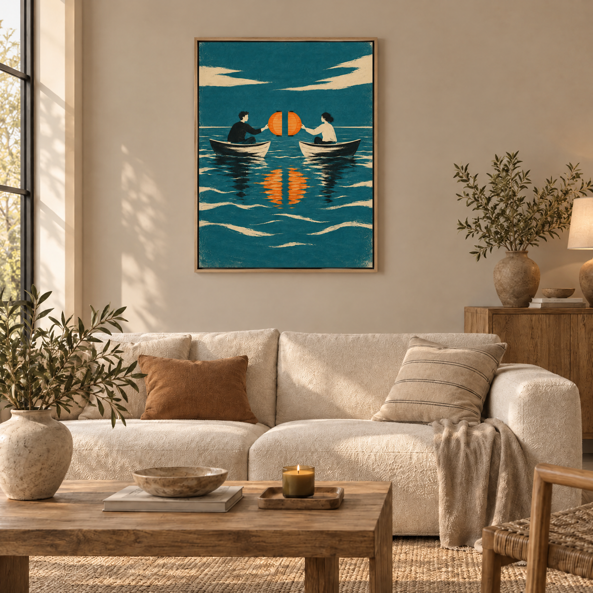 Zwei Boote ohne Seil – Leinwand im Naturholz-Schattenfugenrahmen im Wohnzimmer, ohne Weißrand.