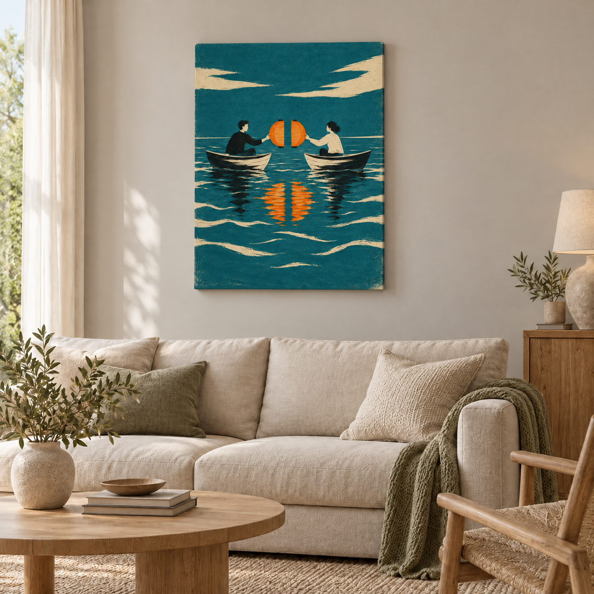 Zwei Boote ohne Seil – Rahmenlose Slim-Leinwand im Wohnzimmer, ohne Weißrand.