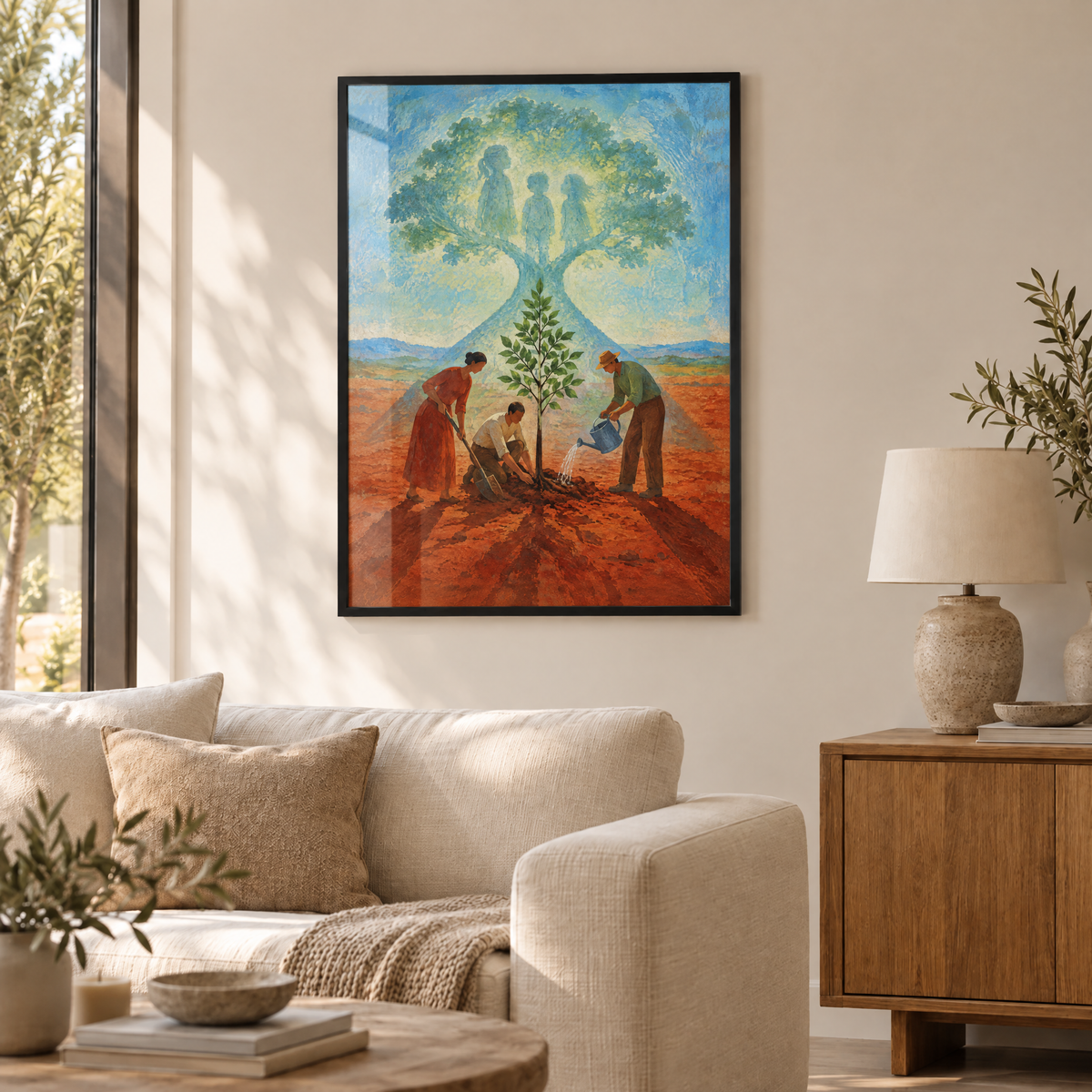 Der Baum für die Ungeborenen – Poster im schwarzen Holzrahmen im Wohnzimmer, ohne Weißrand.