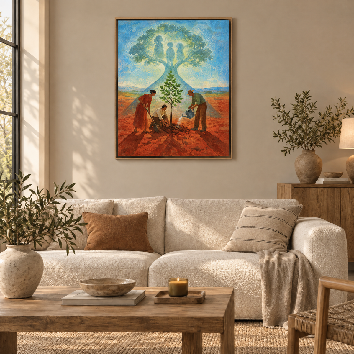 Der Baum für die Ungeborenen – Leinwand im Naturholz-Schattenfugenrahmen im Wohnzimmer, ohne Weißrand.