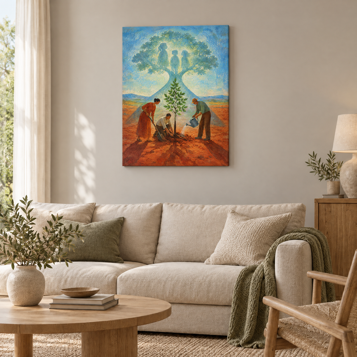 Der Baum für die Ungeborenen – Rahmenlose Slim-Leinwand im Wohnzimmer, ohne Weißrand.