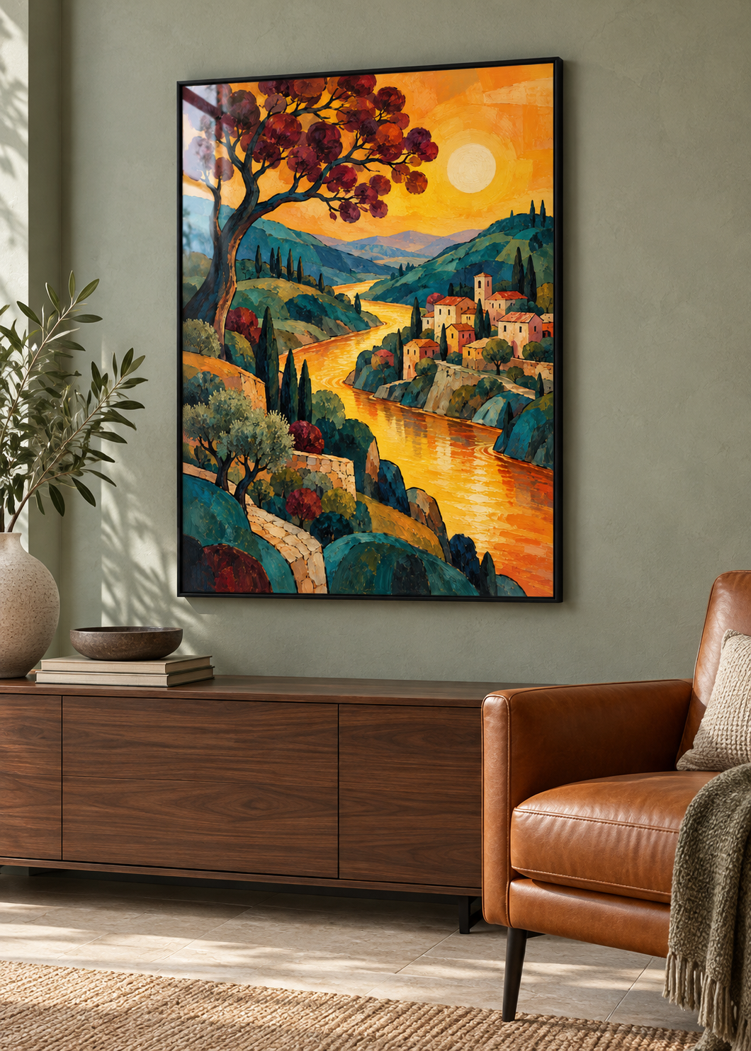 Das Dorf am Sonnenfluss – Poster im dünnen schwarzen Metallrahmen