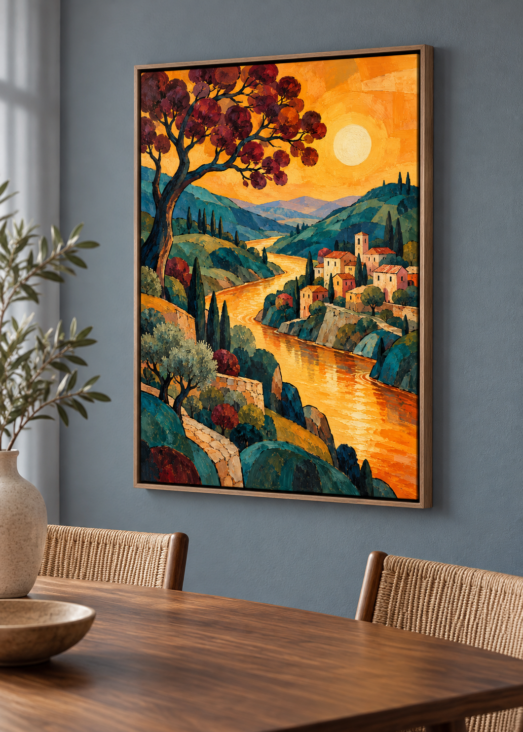 Das Dorf am Sonnenfluss – Leinwand im dunklen Schattenfugenrahmen