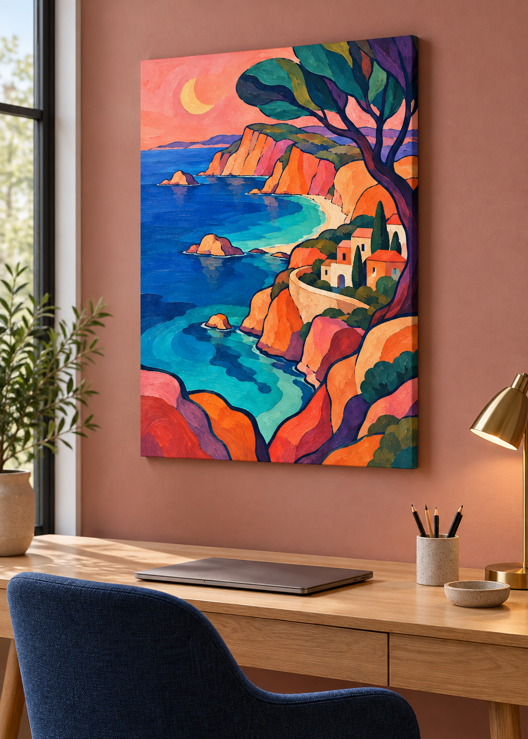 Die Bucht der Farben – ungerahmte Slim-Leinwand im Wohnraum