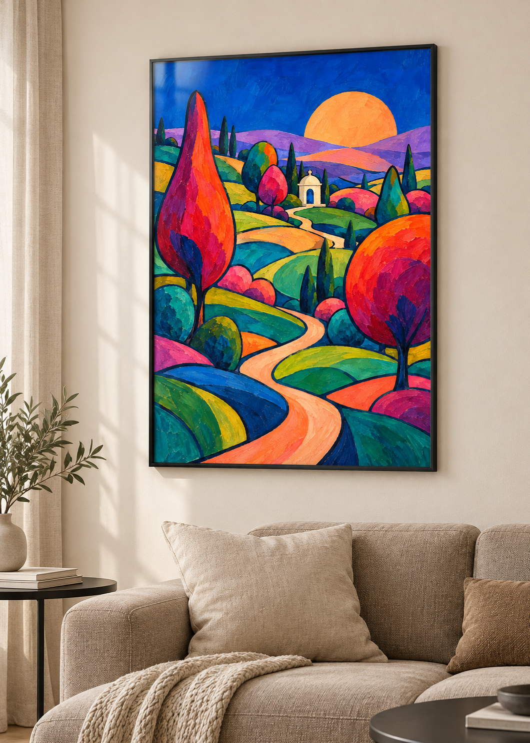 Garten der leuchtenden Hügel – Poster im dünnen schwarzen Metallrahmen