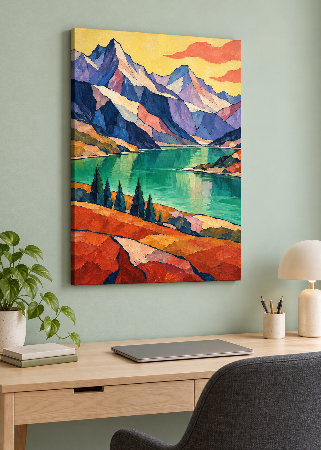 Smaragdsee im Morgenlicht – ungerahmte Slim-Leinwand im Wohnraum