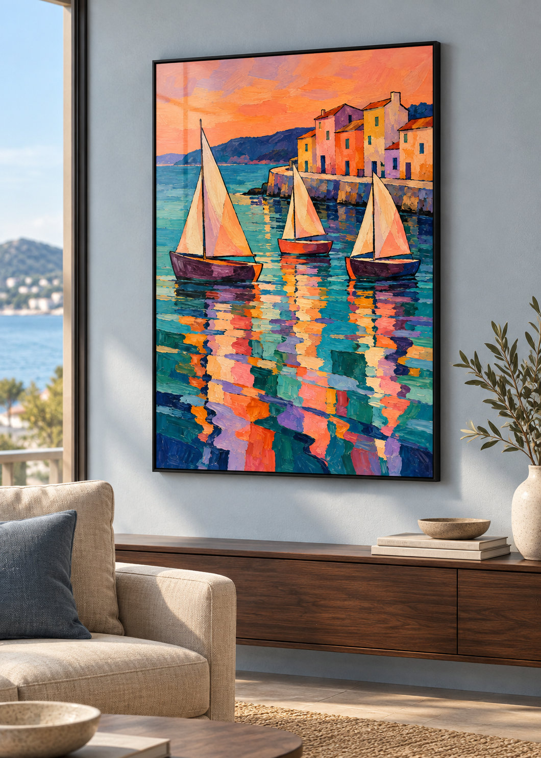 Hafen im Abendklang – Poster im dünnen schwarzen Metallrahmen