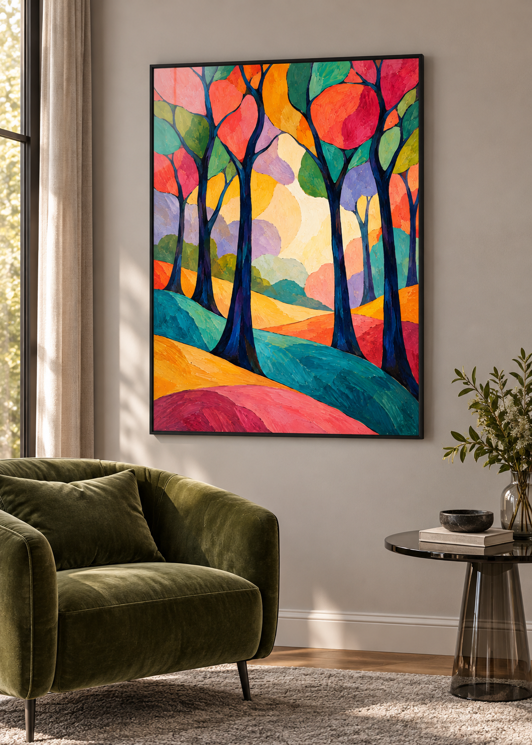 Abstrakter Wald aus Licht und Farben – Poster im dünnen schwarzen Metallrahmen