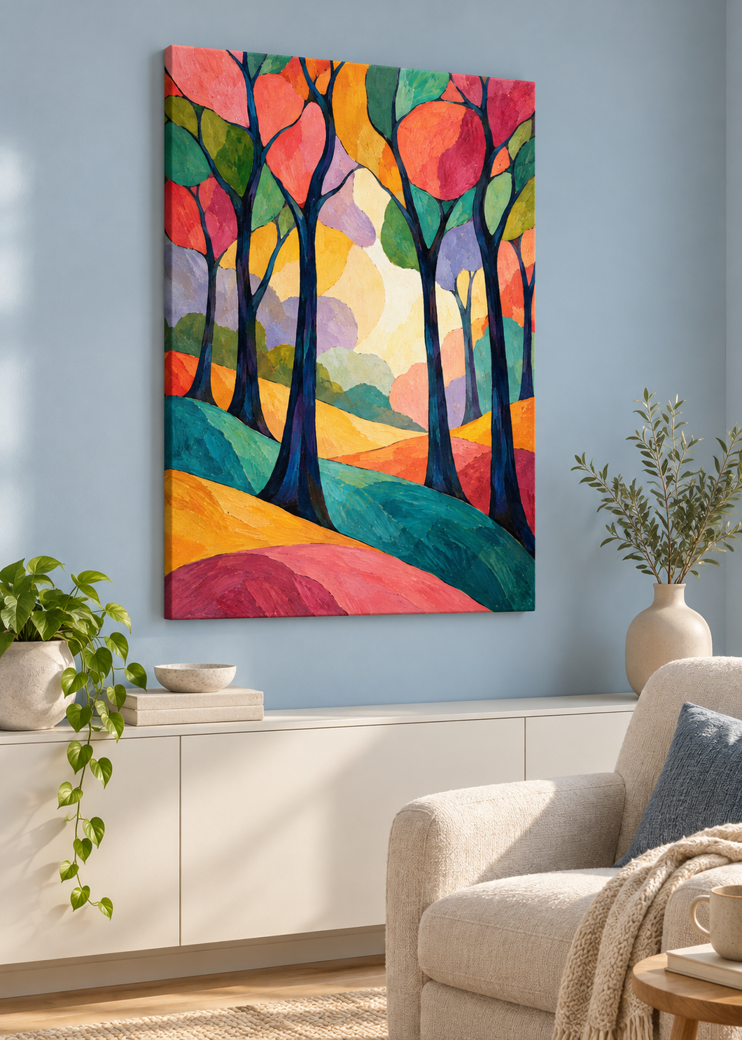 Abstrakter Wald aus Licht und Farben – ungerahmte Slim-Leinwand im Wohnraum