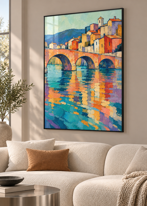 Brücke der bunten Stadt – Poster im dünnen schwarzen Metallrahmen