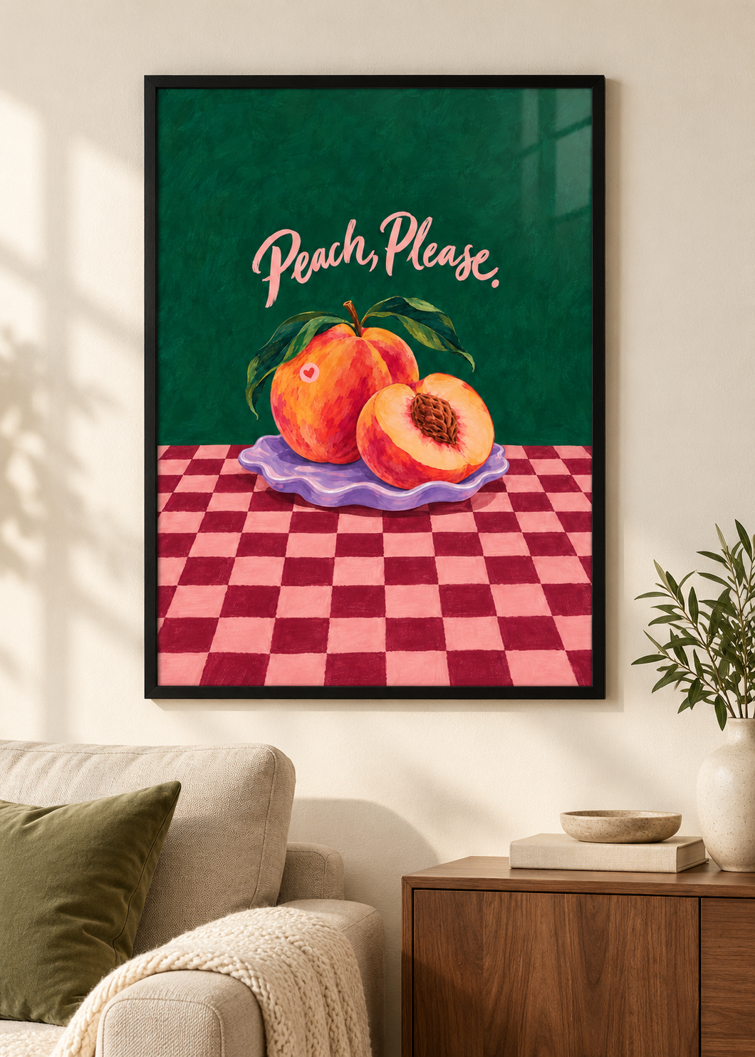 Peach Please – Poster im schwarzen Holzrahmen im Wohnraum