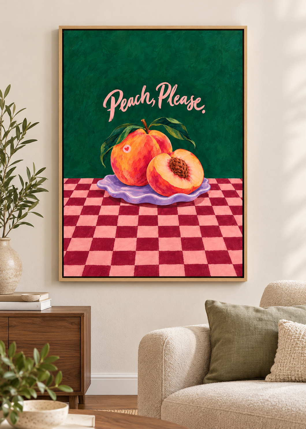 Peach Please – Leinwand im Naturholz-Schattenfugenrahmen im Wohnraum