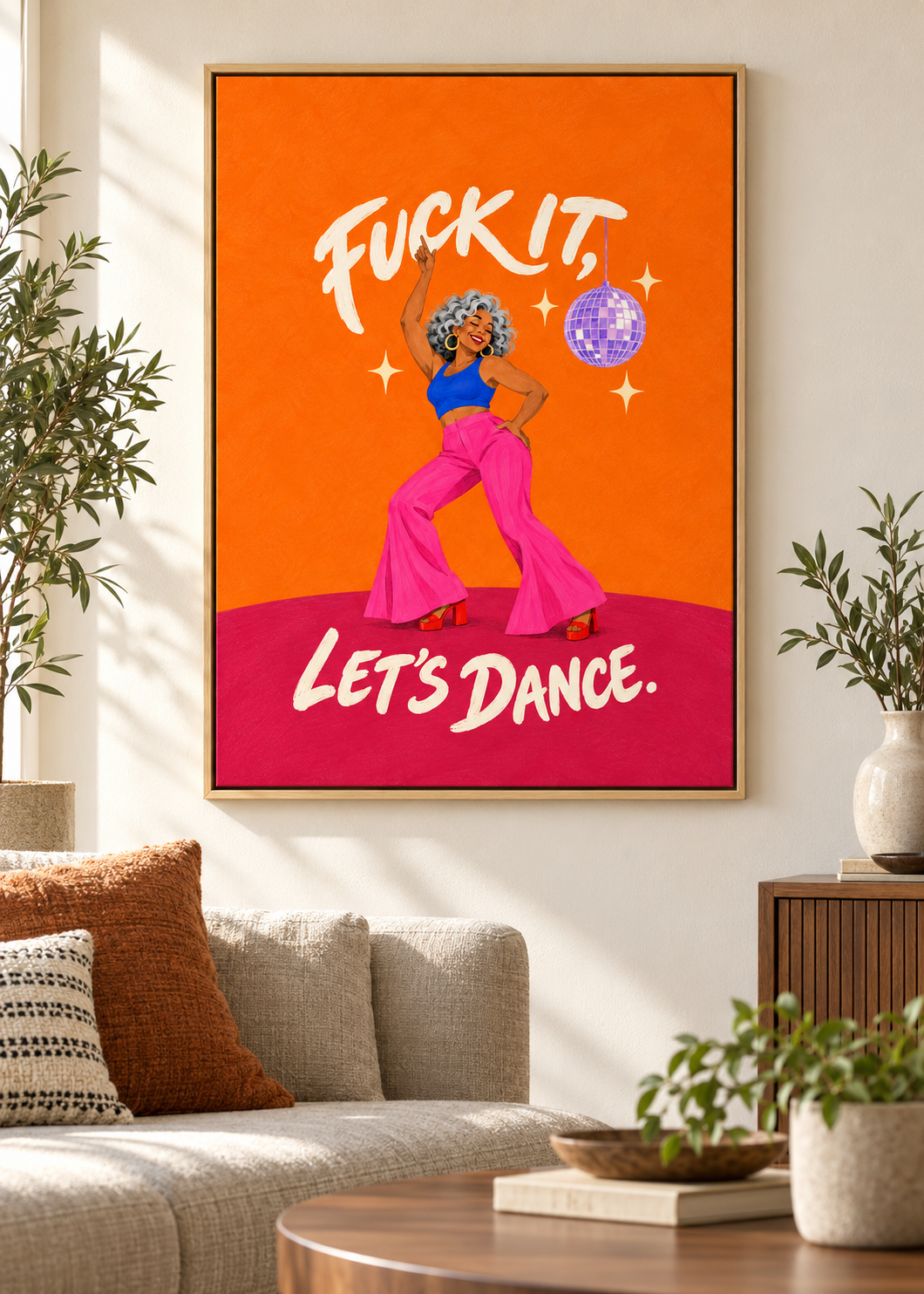 Let's Dance – Leinwand im Naturholz-Schattenfugenrahmen im Wohnraum