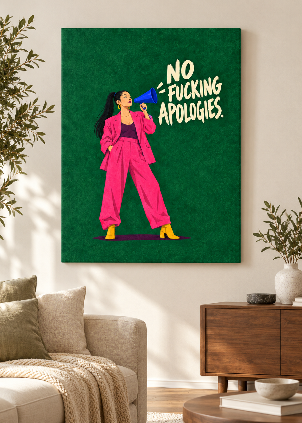 No Apologies – rahmenlose Leinwand im Wohnraum