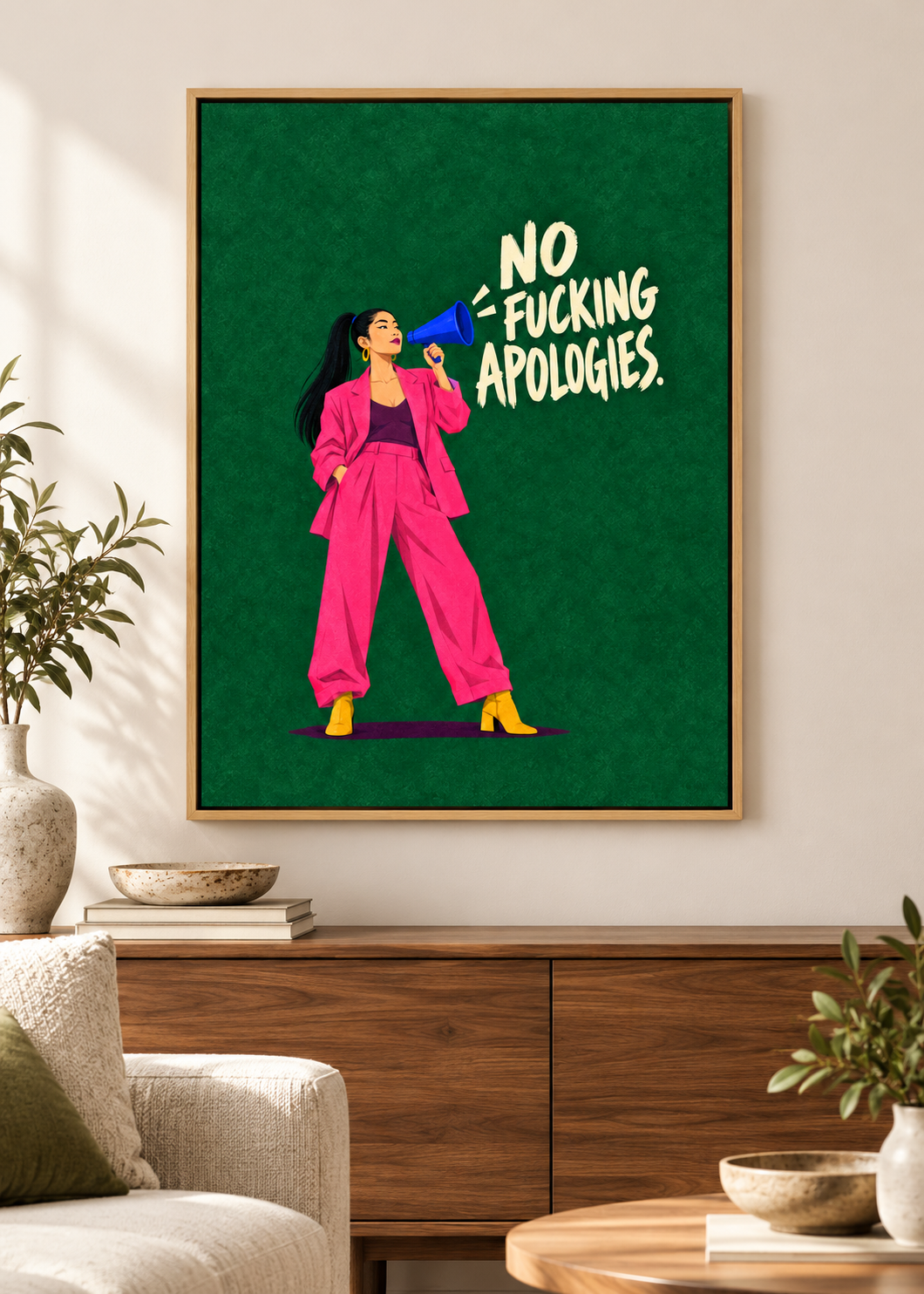 No Apologies – Leinwand im Naturholz-Schattenfugenrahmen im Wohnraum