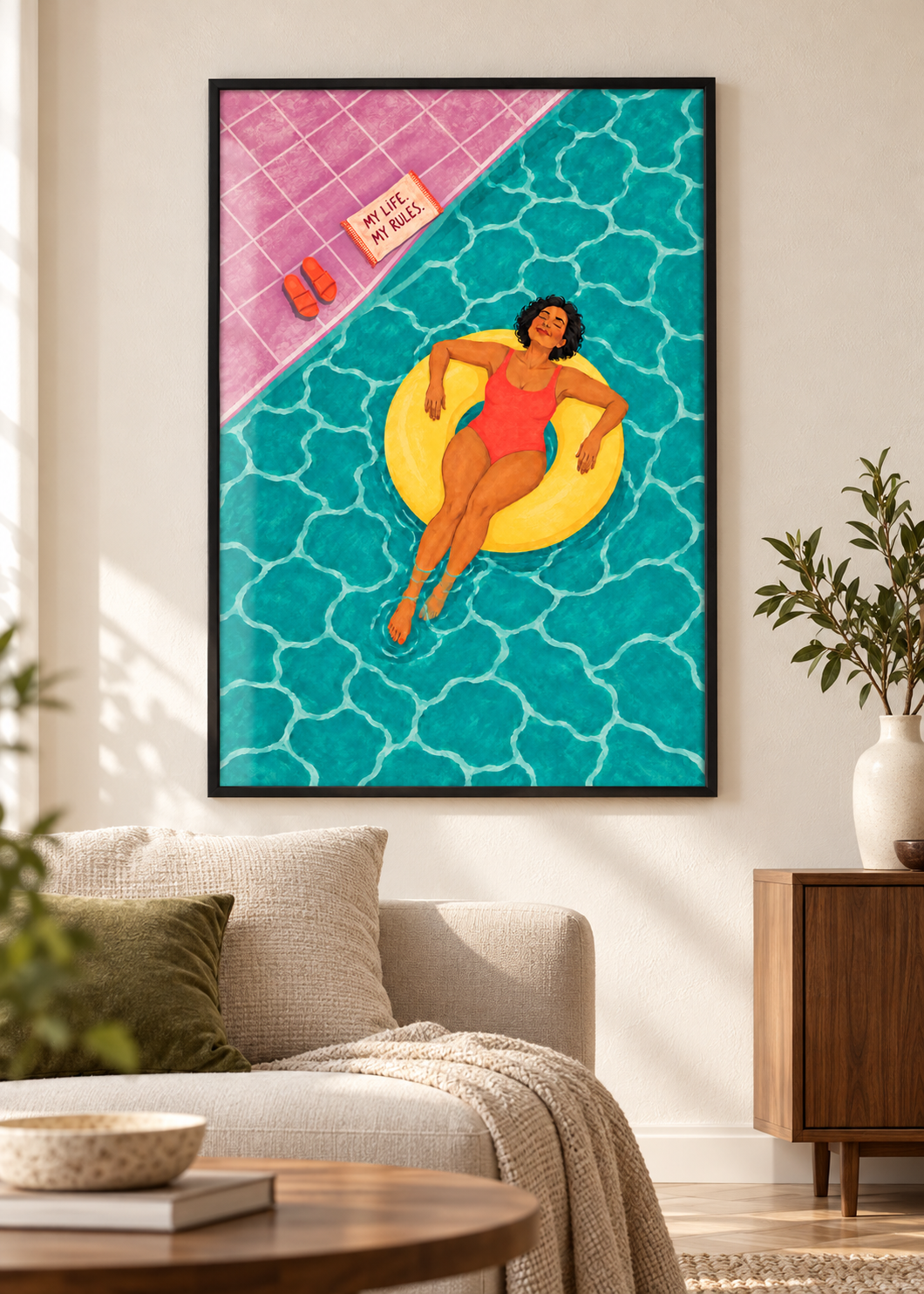 My Life, My Rules – Poster im schwarzen Holzrahmen im Wohnraum