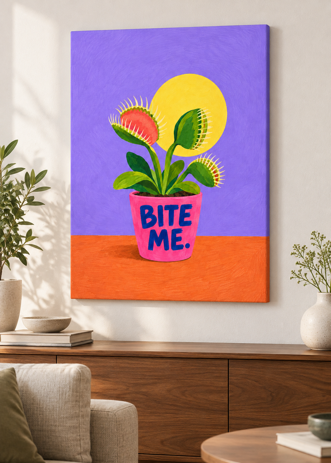 Bite Me – rahmenlose Leinwand im Wohnraum