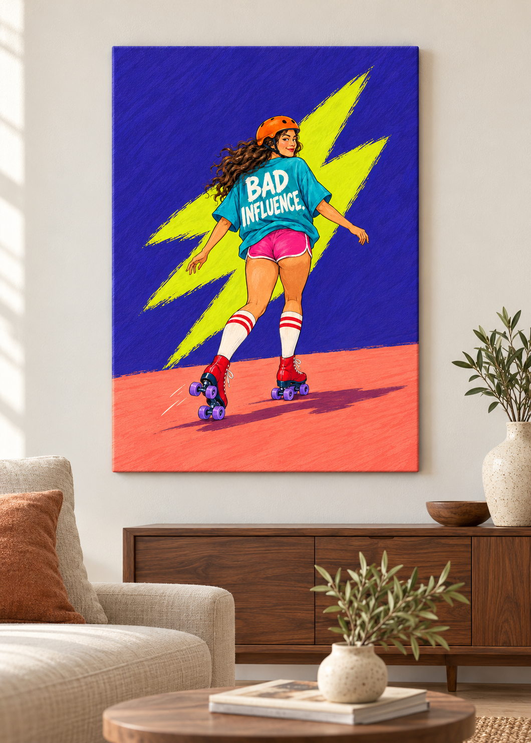 Bad Influence – rahmenlose Leinwand im Wohnraum