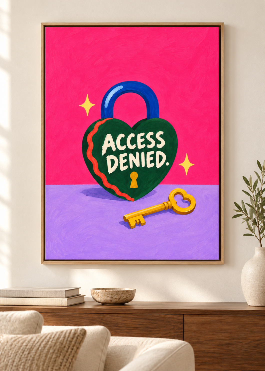 Access Denied – Leinwand im Naturholz-Schattenfugenrahmen im Wohnraum