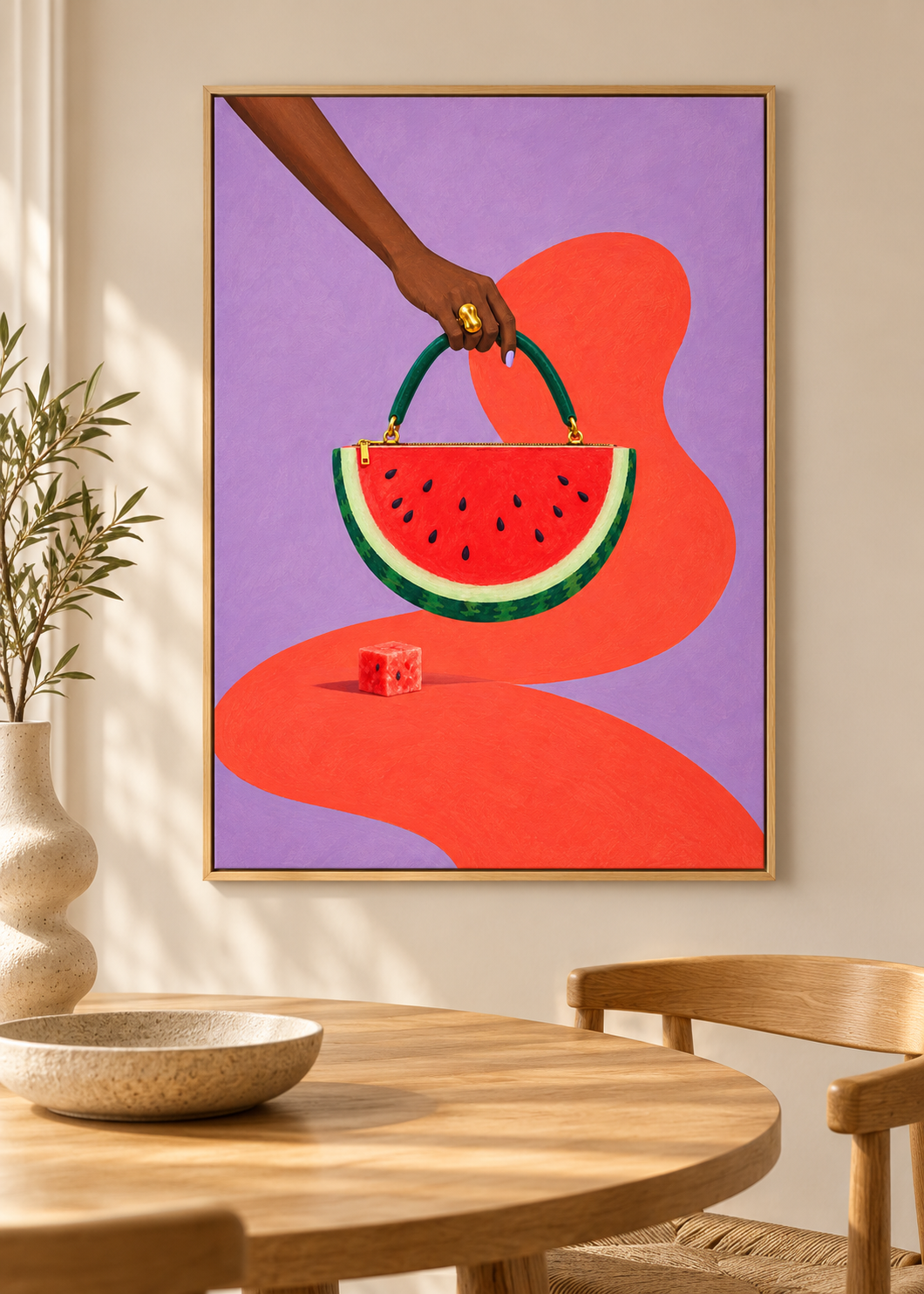 Watermelon Bag – Leinwand im hellen Eichenrahmen