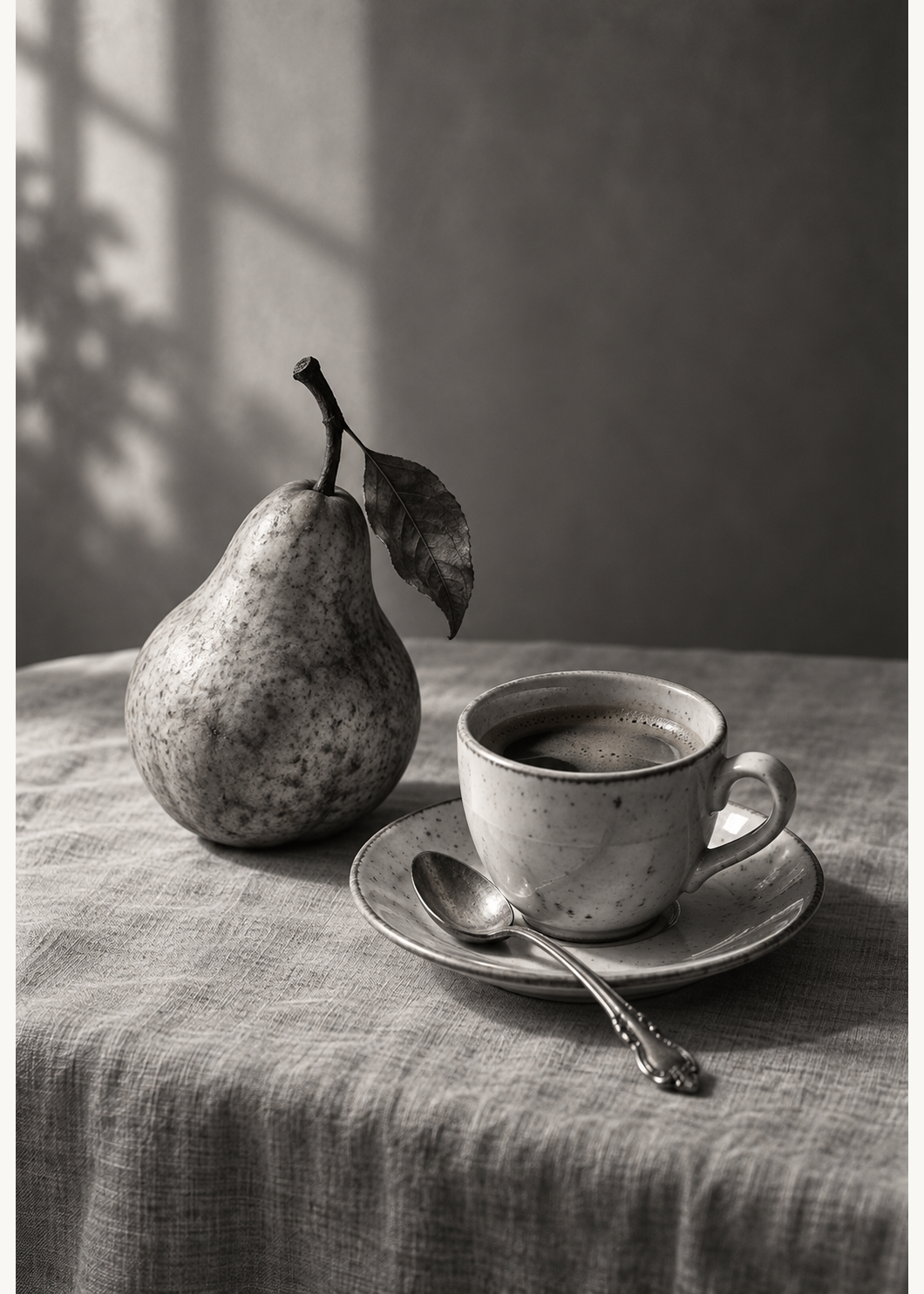 Stillleben mit Birne und Espresso – Schwarz-Weiß-Hauptmotiv ohne Rahmen.