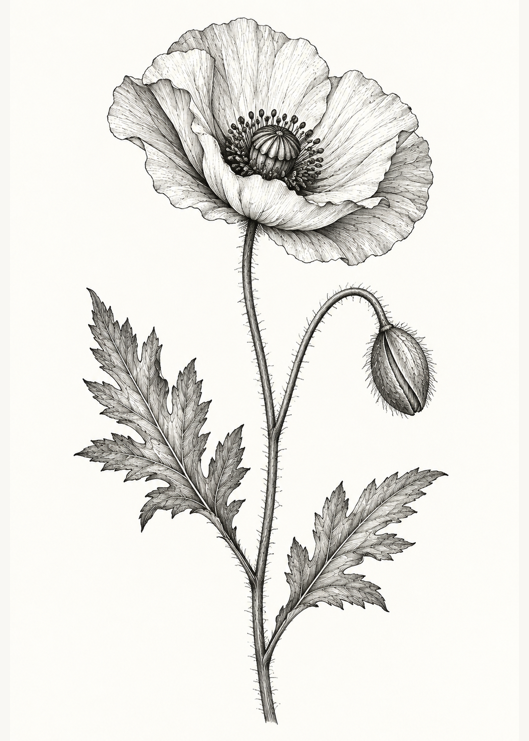 Botanische Tuschezeichnung einer Mohnblüte – Schwarz-Weiß-Hauptmotiv ohne Rahmen.