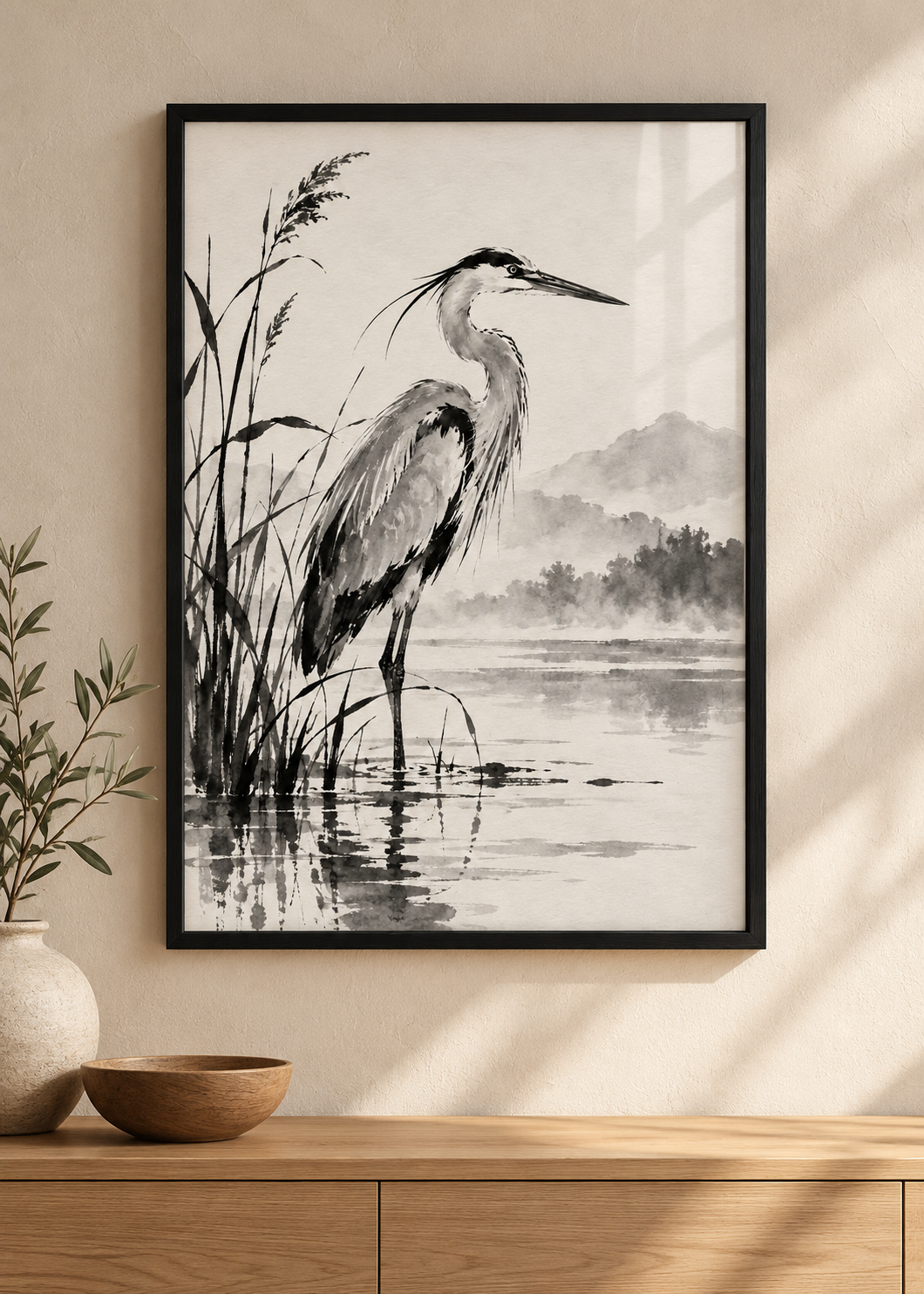 Reiher am Wasser – Schwarzer Holzrahmen Mockup, 1060 × 1484 px.