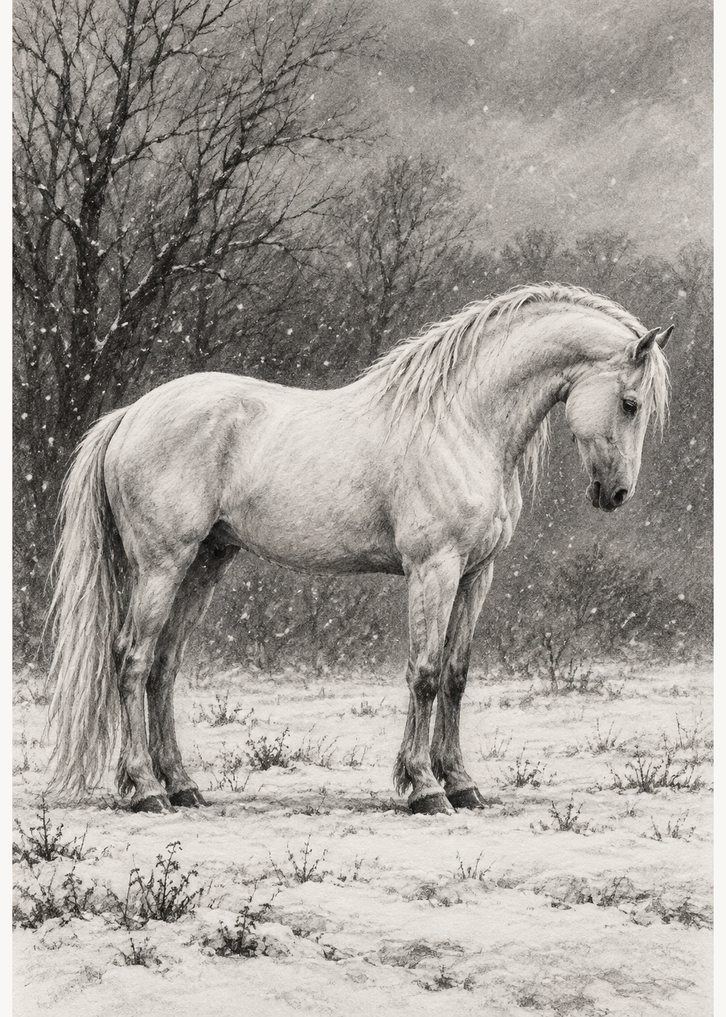 Weißes Pferd im Schnee – Hauptmotiv.