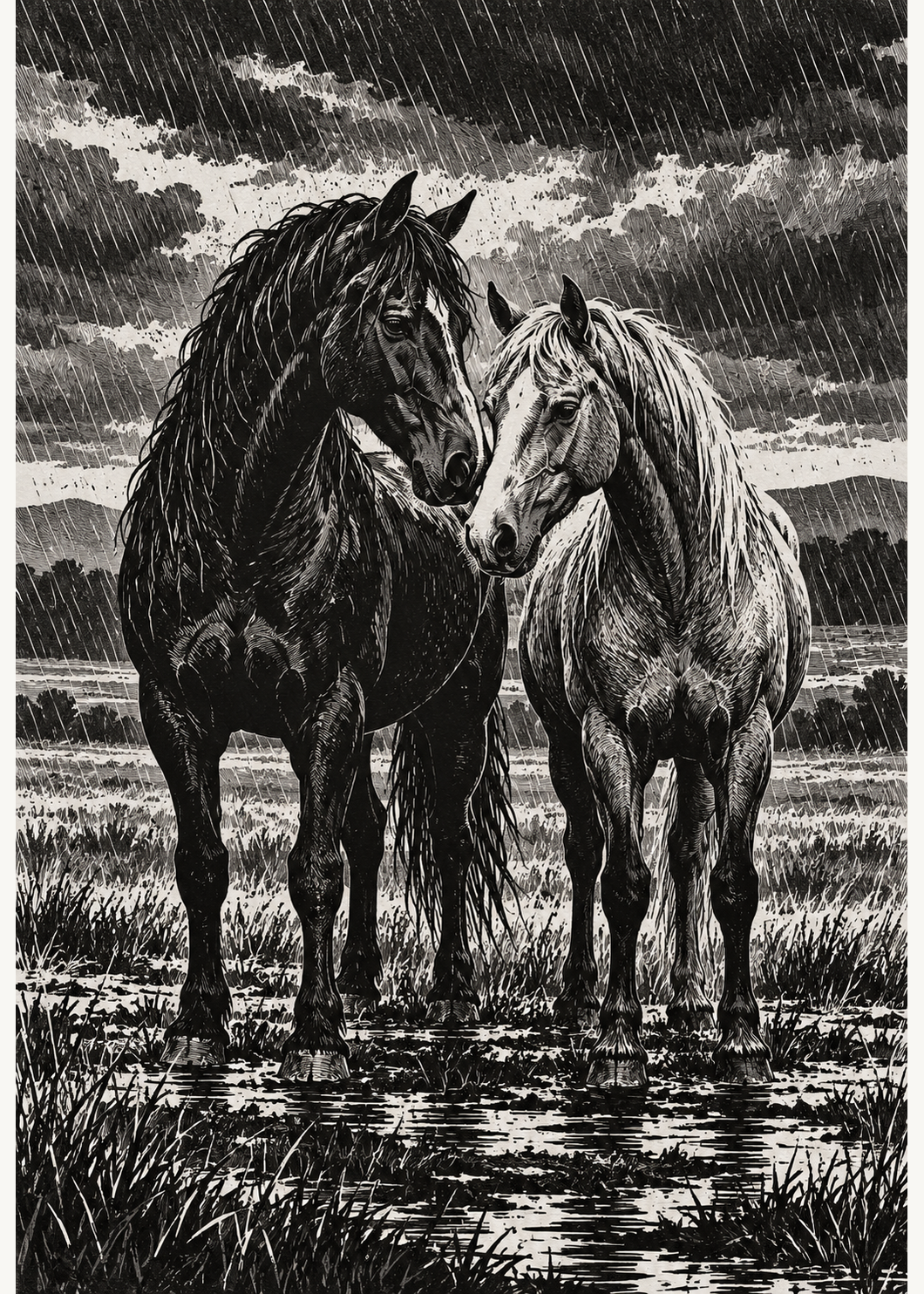 Zwei Pferde im Regen – Hauptmotiv.