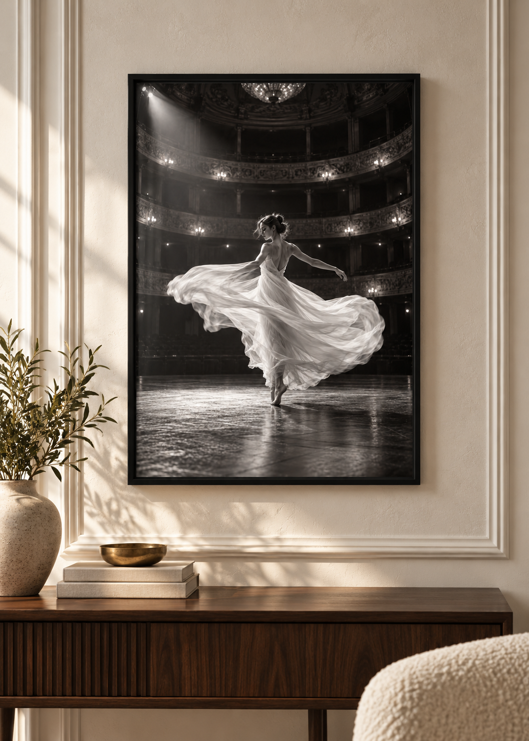 Tanz im alten Theaterlicht – Schwarzer Holzrahmen Mockup, 1060 × 1484 px.
