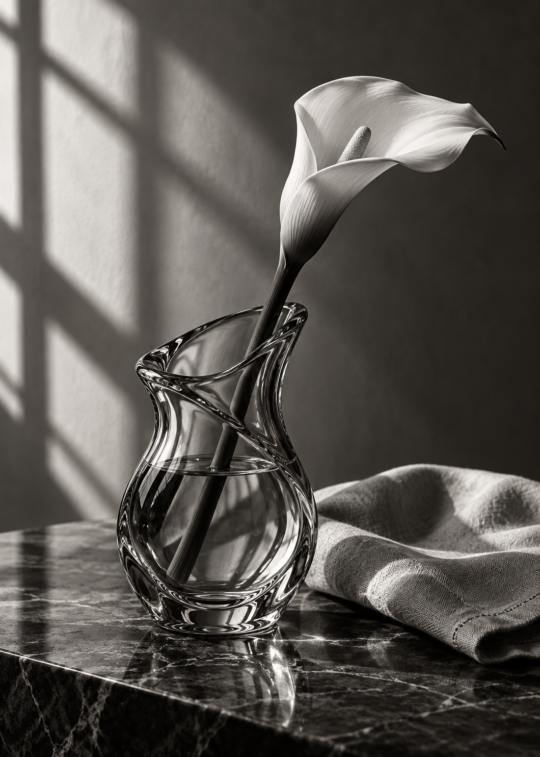 Calla-Lilie und Leinen im Fensterlicht – Schwarz-Weiß-Wandbild.