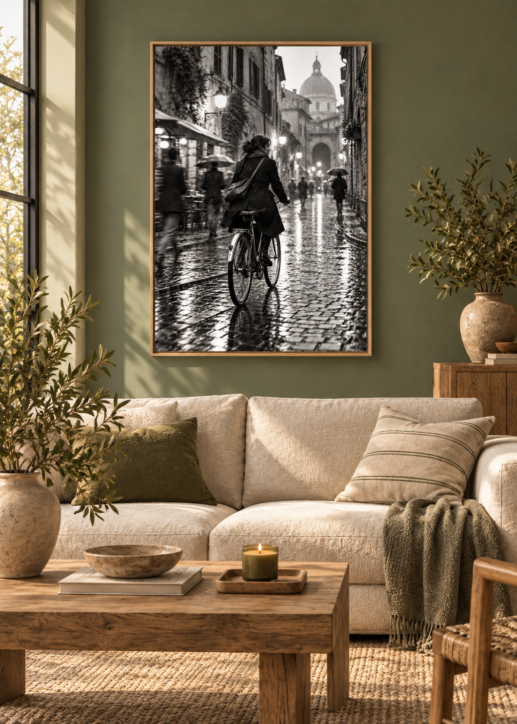 Fahrrad durch nasse Gassen – Schwarz-Weiß-Wandbild als Produktansicht.