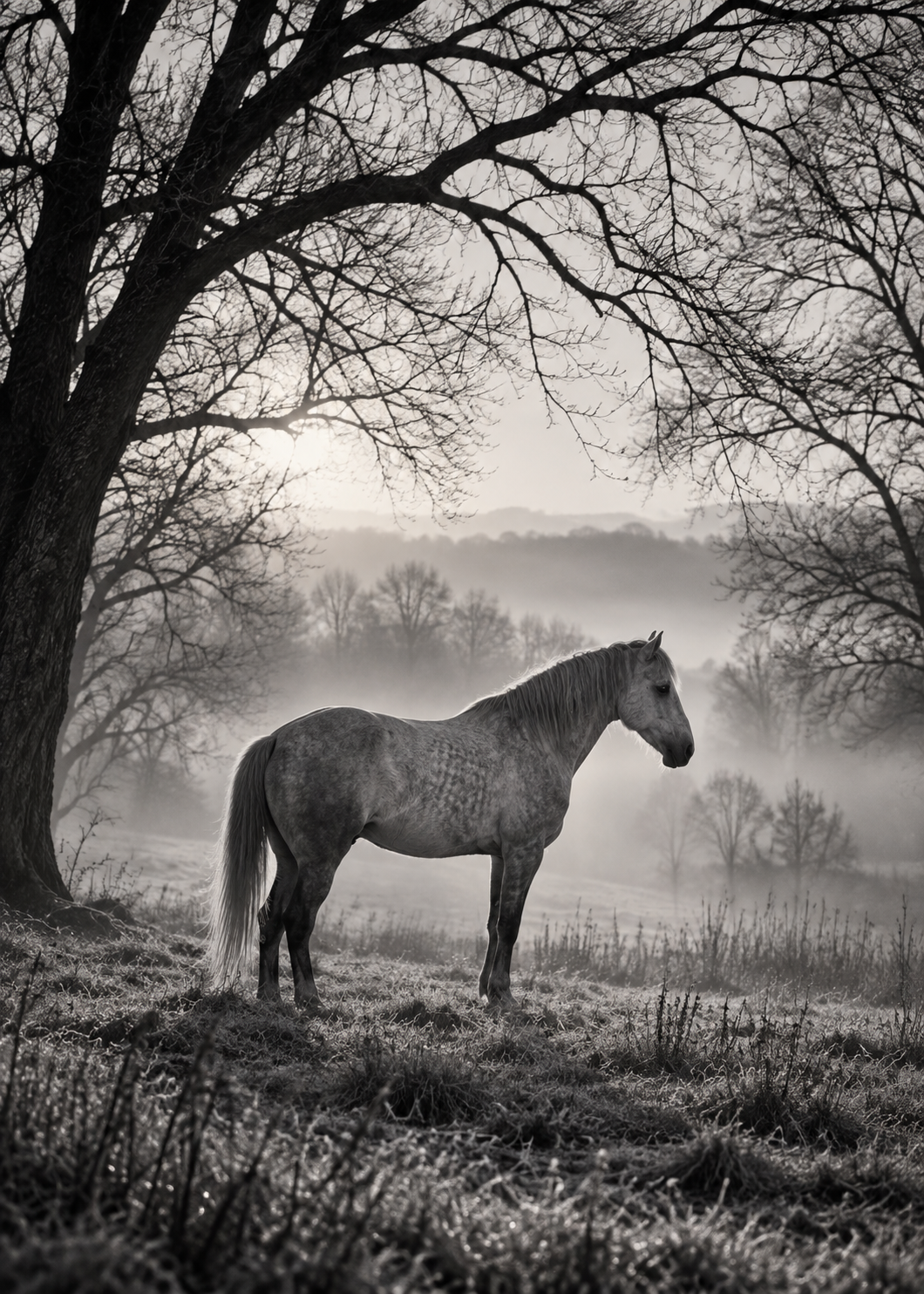 Pferd im Winternebel unter kahlen Bäumen – Schwarz-Weiß-Wandbild.