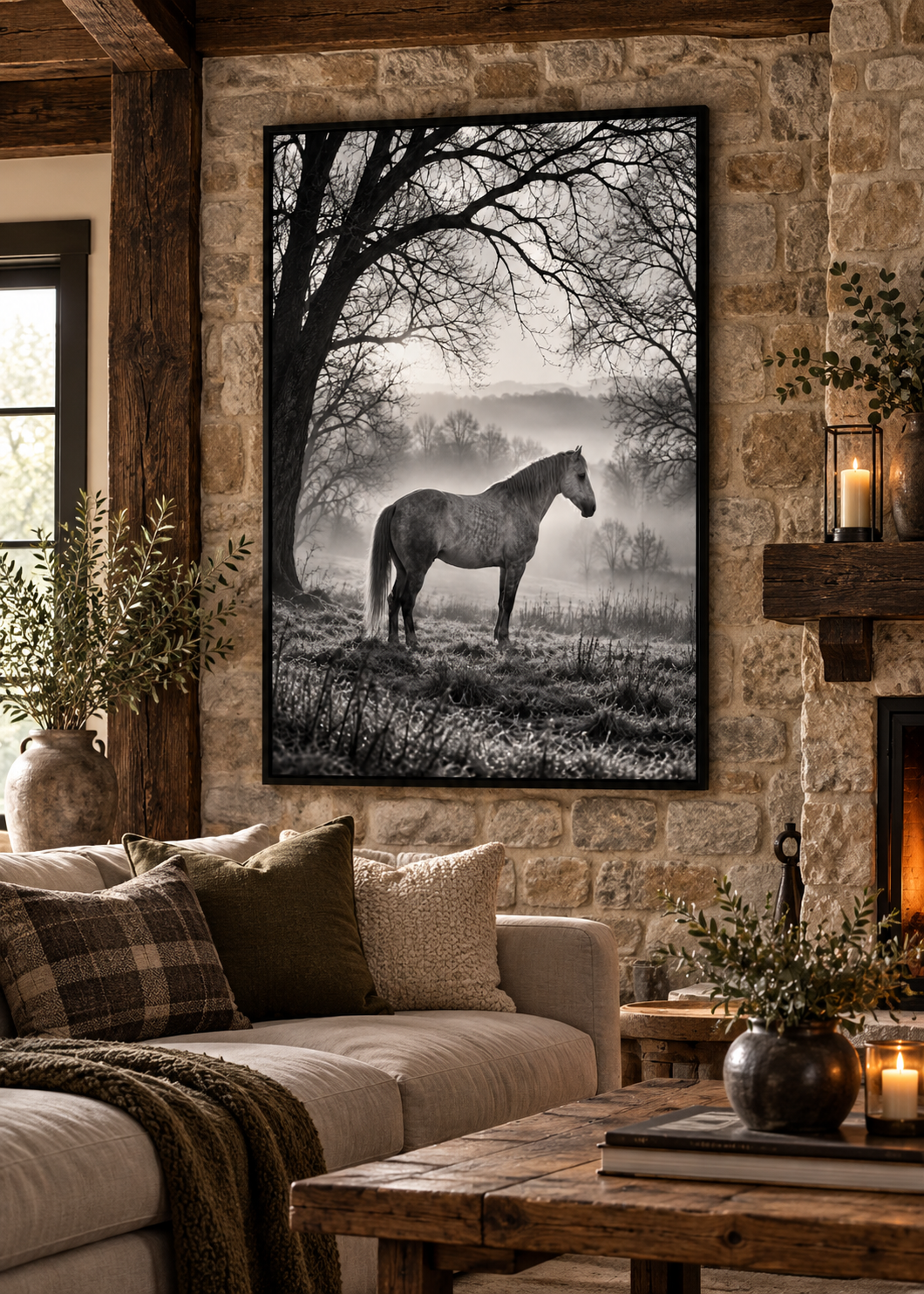 Pferd im Winternebel unter kahlen Bäumen – Schwarz-Weiß-Wandbild als Produktansicht.