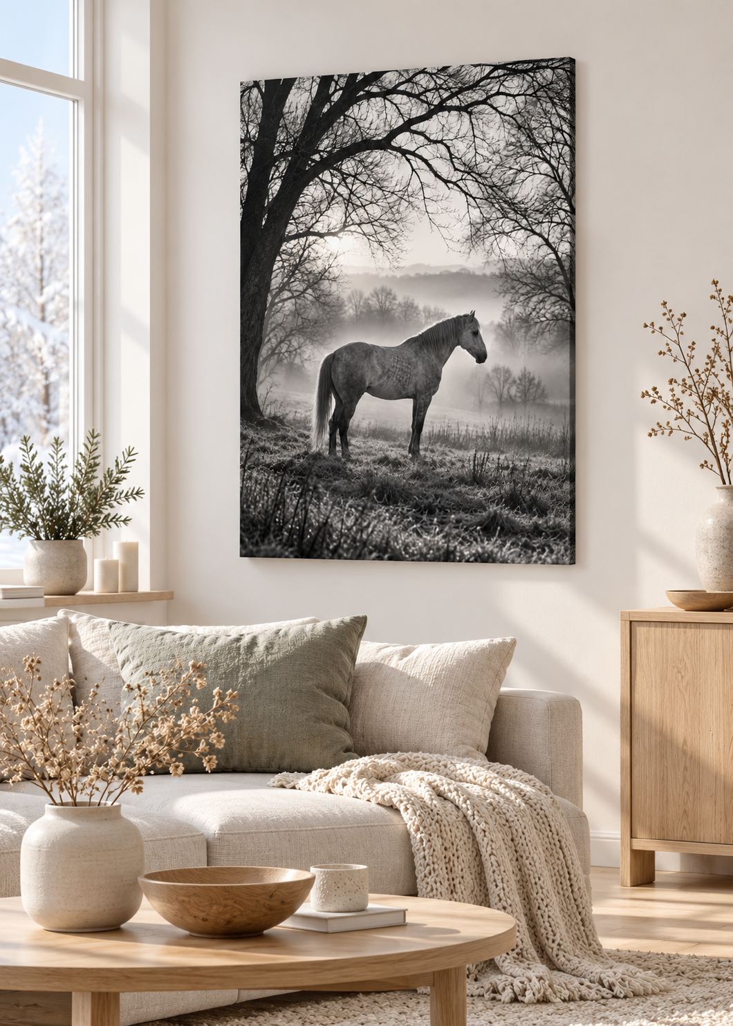 Pferd im Winternebel unter kahlen Bäumen – Schwarz-Weiß-Wandbild als Produktansicht.