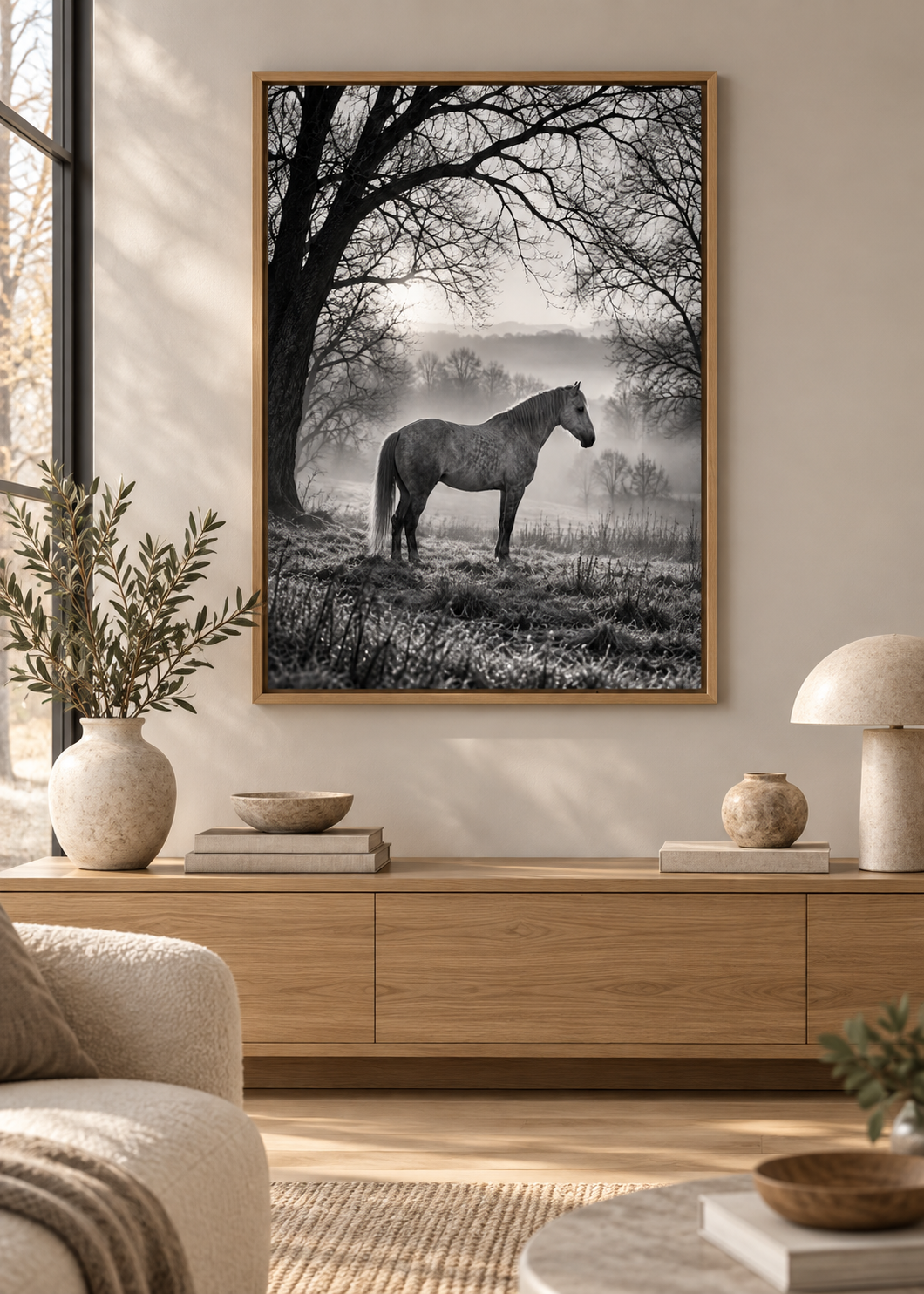 Pferd im Winternebel unter kahlen Bäumen – Schwarz-Weiß-Wandbild als Produktansicht.